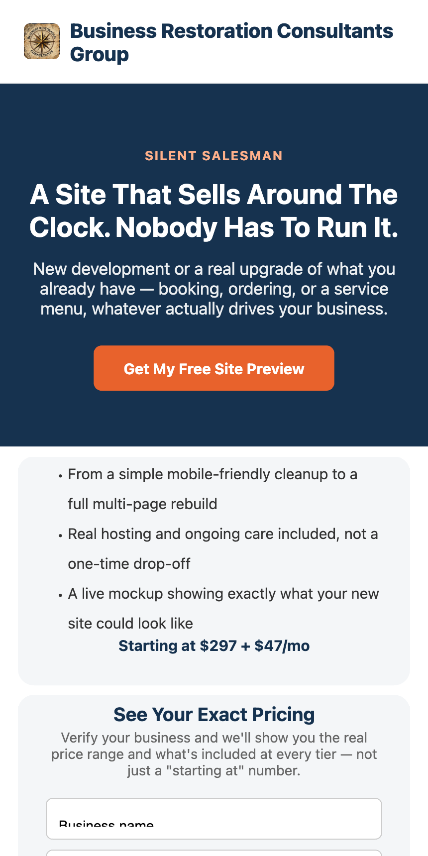 The Curb Appeal Check running on a phone, showing a website score out of 100